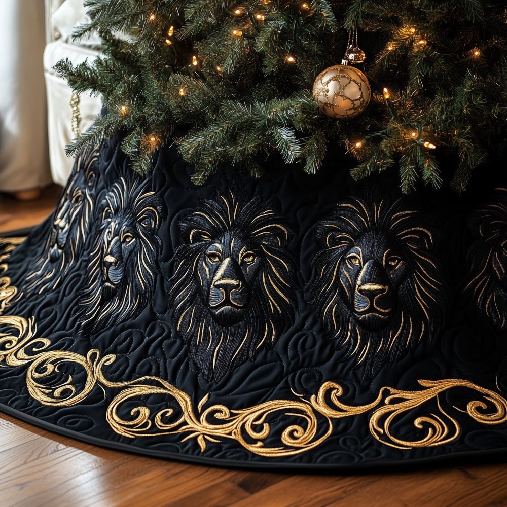 Black Lion Motif Christmas Tree Skirt With Gold Scrollwork - Premium Handmade Holiday Skirt, Custom Made-To-Order