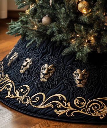 Gold Lion Head Christmas Tree Skirt On Rich Black With Vine Accents - Custom Handmade Holiday Skirt, Made-To-Order
