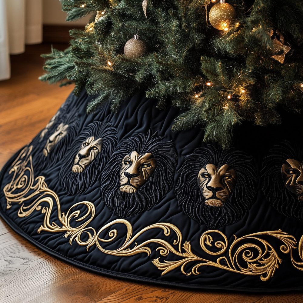 Gold Lion Head Christmas Tree Skirt On Rich Black With Vine Accents - Custom Handmade Holiday Skirt, Made-To-Order