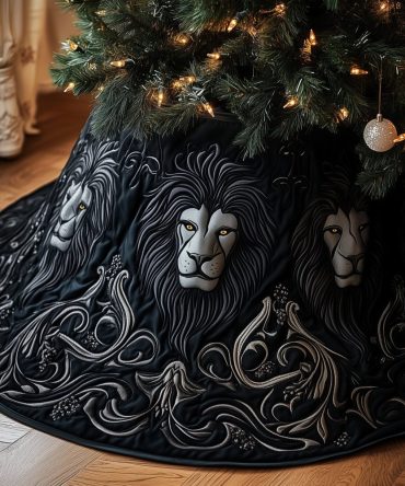 Black Christmas Tree Skirt With Silver Lion Faces — Bold Luxury Holiday Skirt, Custom Made Statement Piece For Modern & Stylish Homes