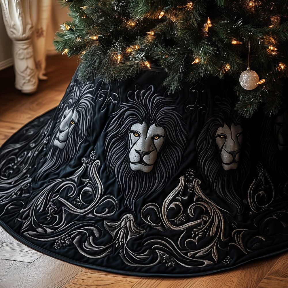 Black Christmas Tree Skirt With Silver Lion Faces — Bold Luxury Holiday Skirt, Custom Made Statement Piece For Modern & Stylish Homes