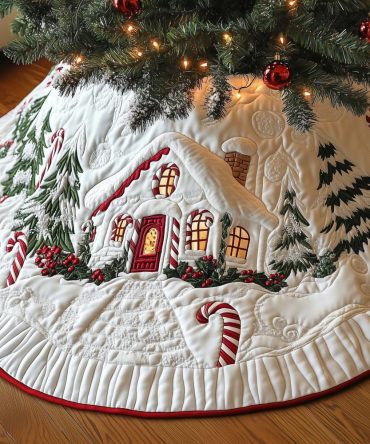 Snowy Cottage Christmas Tree Skirt With Red Roof Accent — Custom Made Winter Skirt, Charming Holiday Village Scene, Handmade