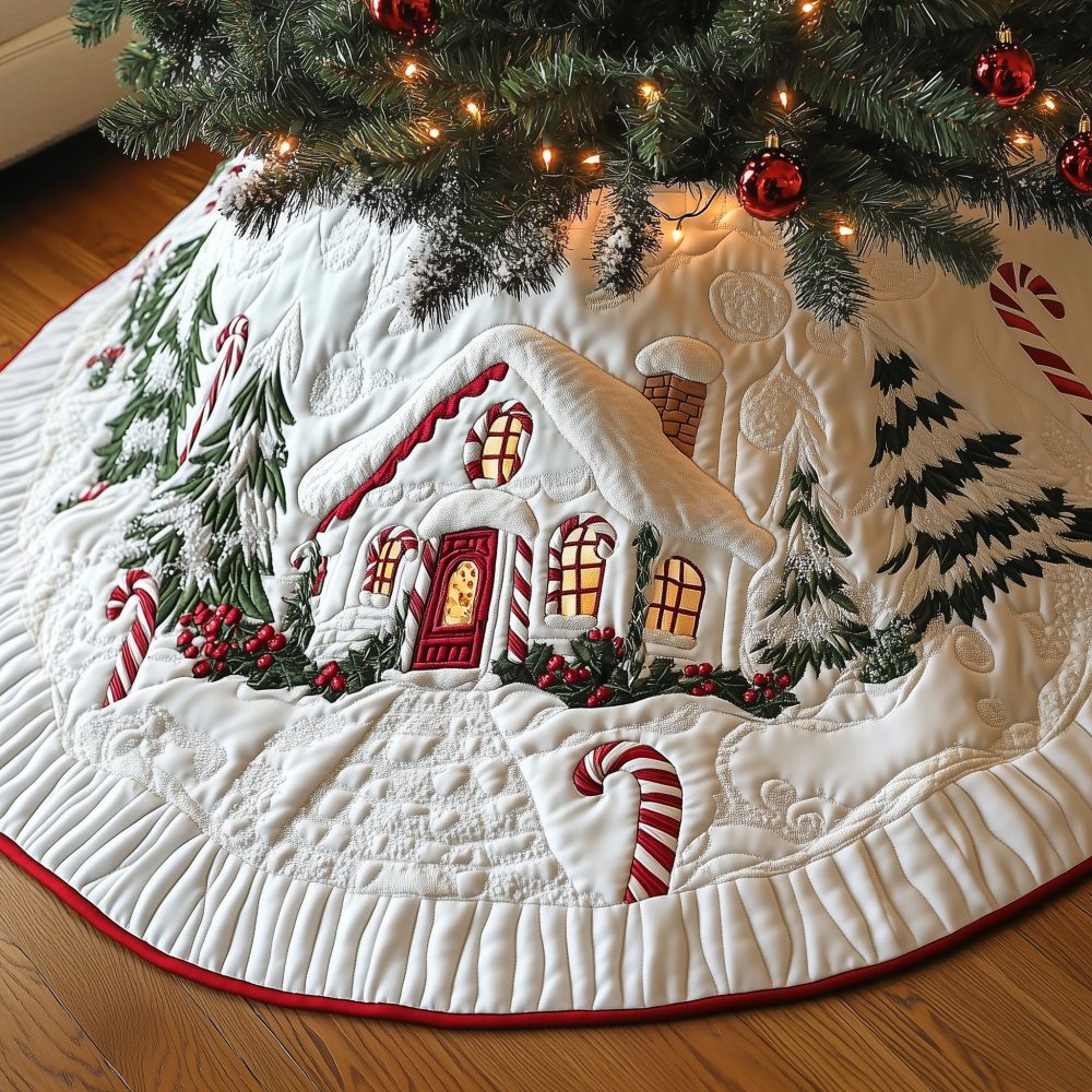 Snowy Cottage Christmas Tree Skirt With Red Roof Accent — Custom Made Winter Skirt, Charming Holiday Village Scene, Handmade