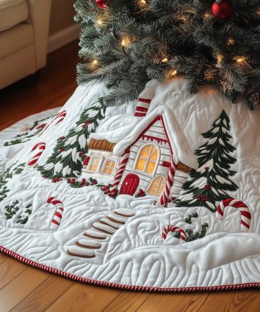 White Cottage Christmas Tree Skirt With Candy Cane Path — Custom Handmade Holiday Skirt, Festive Candy-Themed Winter Decor For Home