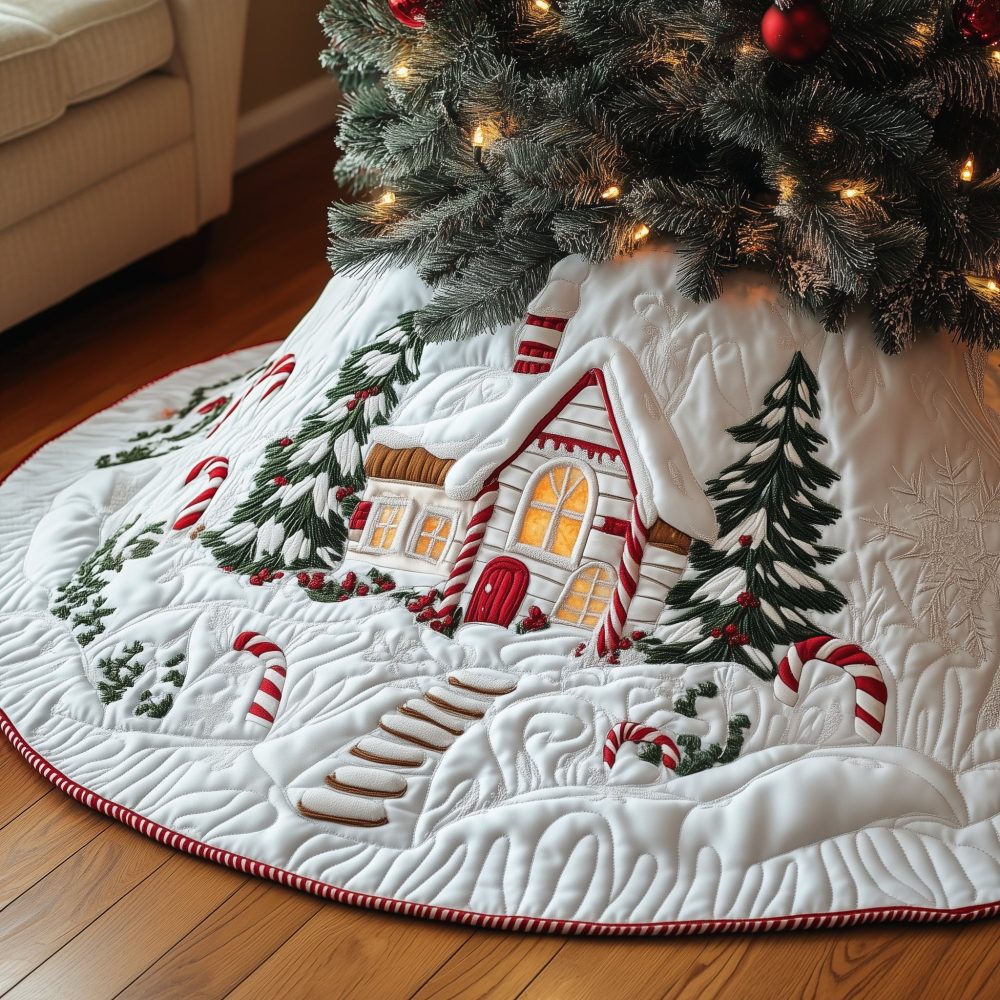 White Cottage Christmas Tree Skirt With Candy Cane Path — Custom Handmade Holiday Skirt, Festive Candy-Themed Winter Decor For Home
