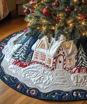 Snowy Cottage Christmas Tree Skirt With Navy Star Border — Custom Made Winter Skirt, Classic Holiday Village Scene Home Decor