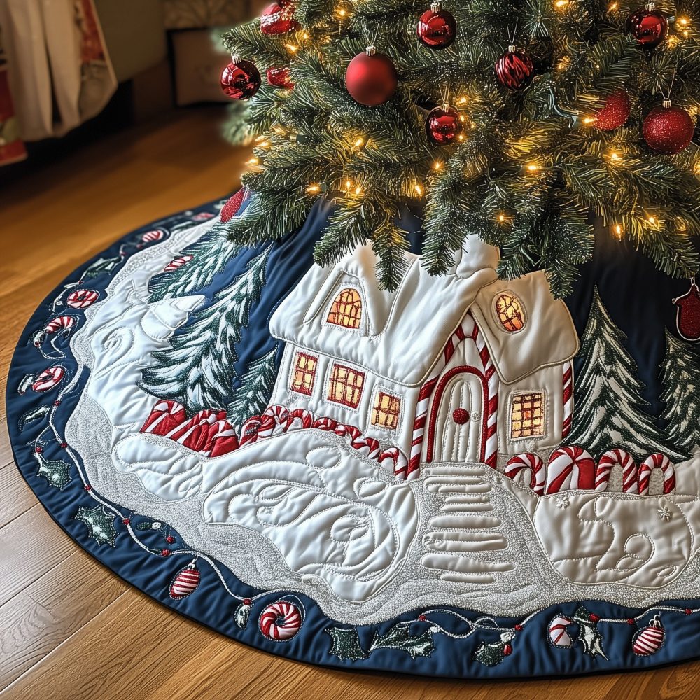 Snowy Cottage Christmas Tree Skirt With Navy Star Border — Custom Made Winter Skirt, Classic Holiday Village Scene Home Decor