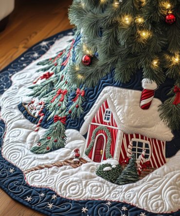 Red Cottage Christmas Tree Skirt With Hanging Stocking Design — Custom Holiday Tree Skirt, Cozy Festive Home Accent, Handmade