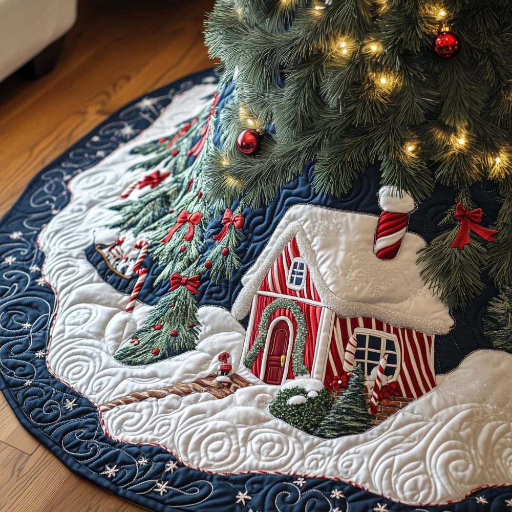 Red Cottage Christmas Tree Skirt With Hanging Stocking Design — Custom Holiday Tree Skirt, Cozy Festive Home Accent, Handmade