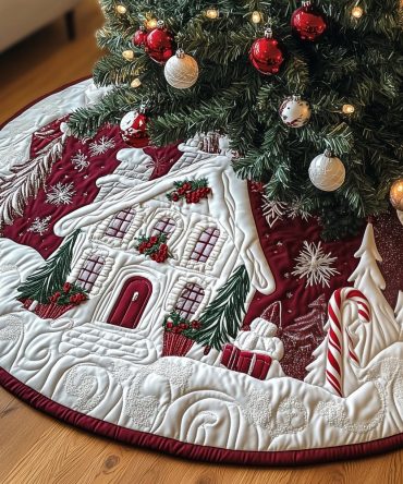 Burgundy Winter Cottage Christmas Tree Skirt — Handmade Holiday Skirt With Scenic Village Artwork, Custom Cozy Seasonal Decor