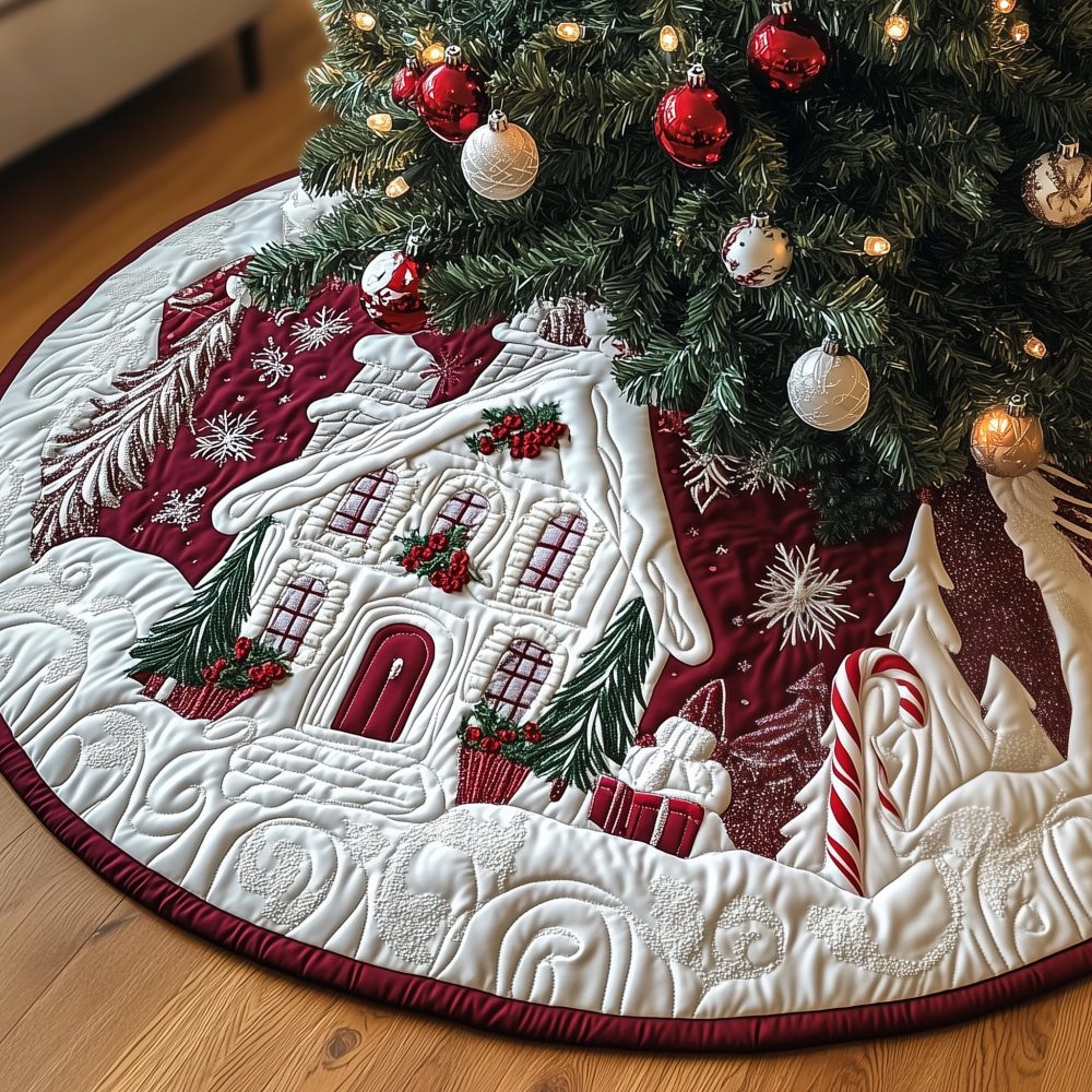 Burgundy Winter Cottage Christmas Tree Skirt — Handmade Holiday Skirt With Scenic Village Artwork, Custom Cozy Seasonal Decor