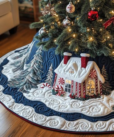 Playful Blue Cottage Christmas Tree Skirt With Peppermint Candy Motif — Custom Holiday Skirt, Whimsical Sweet-Theme Christmas Decor