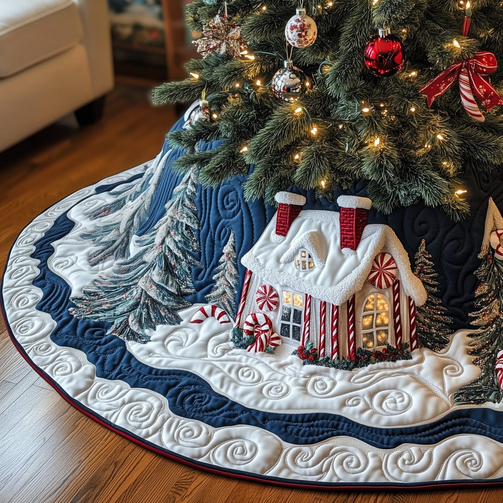 Playful Blue Cottage Christmas Tree Skirt With Peppermint Candy Motif — Custom Holiday Skirt, Whimsical Sweet-Theme Christmas Decor