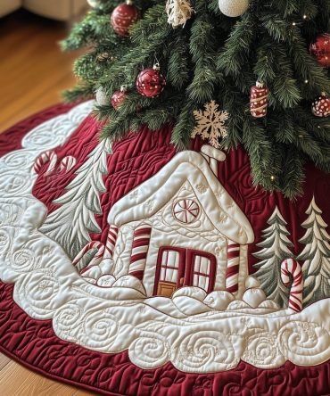 White Holiday Cottage Christmas Tree Skirt With Red Snowflake Border — Custom Cozy Winter Decor, Handmade Festive Tree Skirt