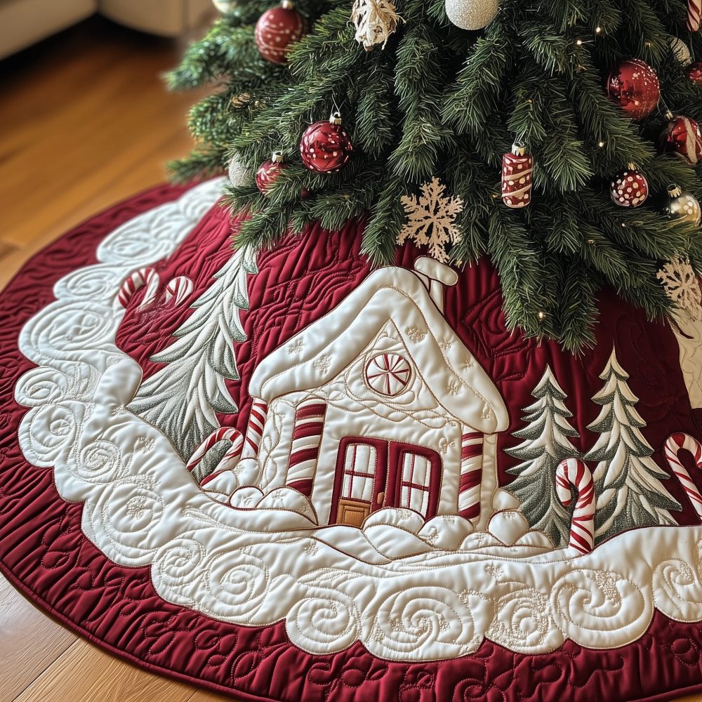 White Holiday Cottage Christmas Tree Skirt With Red Snowflake Border — Custom Cozy Winter Decor, Handmade Festive Tree Skirt