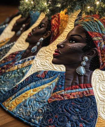 Blue Christmas Tree Skirt Featuring African Woman In Headwrap — Cultural Holiday Decor, Custom Handmade Tree Skirt With Bold Print