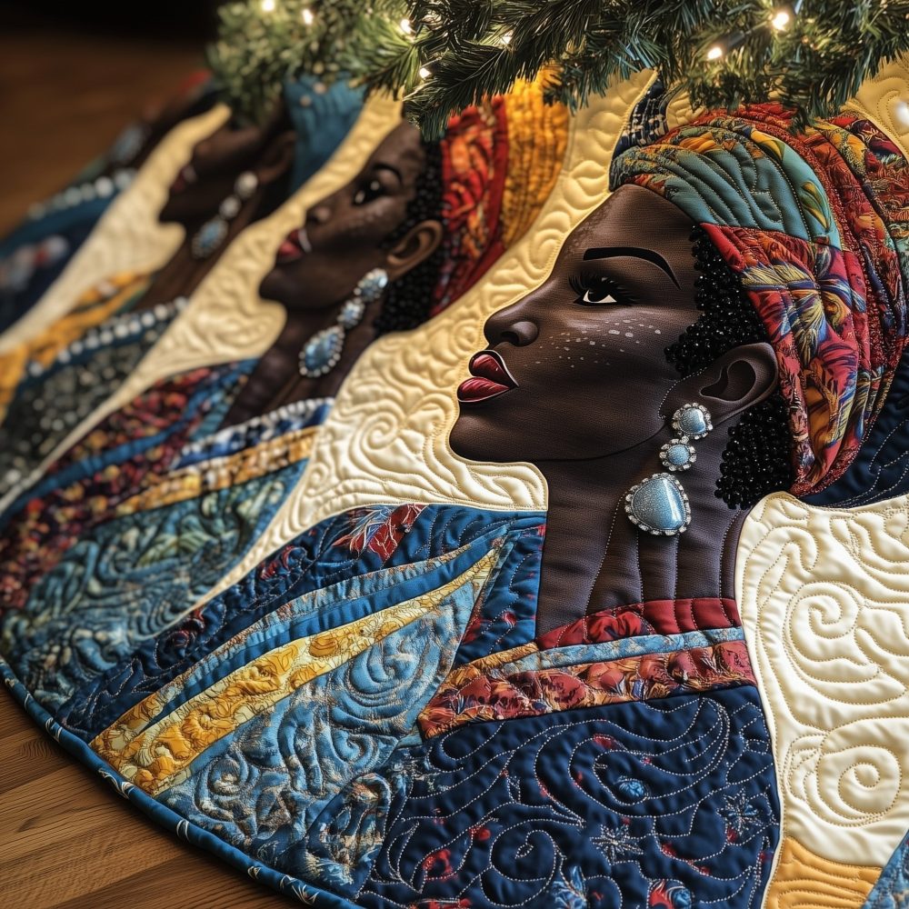 Blue Christmas Tree Skirt Featuring African Woman In Headwrap — Cultural Holiday Decor, Custom Handmade Tree Skirt With Bold Print