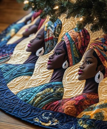 Teal & Blue Christmas Tree Skirt With Stylish Women Profiles — Custom Holiday Tree Skirt, Modern Coastal Colorway, Handmade