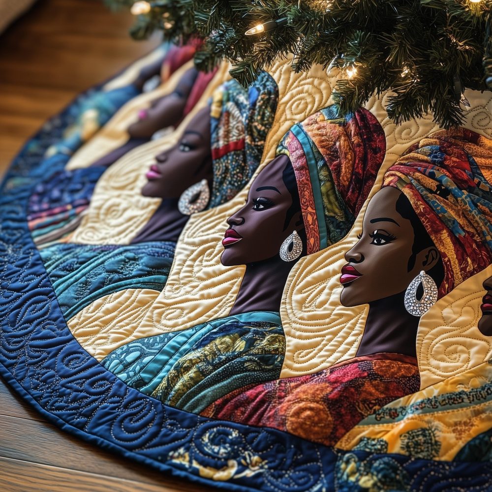 Teal & Blue Christmas Tree Skirt With Stylish Women Profiles — Custom Holiday Tree Skirt, Modern Coastal Colorway, Handmade
