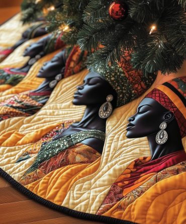 Amber Christmas Tree Skirt Showcasing Women With Gold Earrings — Custom Made Holiday Skirt, Rich Metallic Accent For Living Room