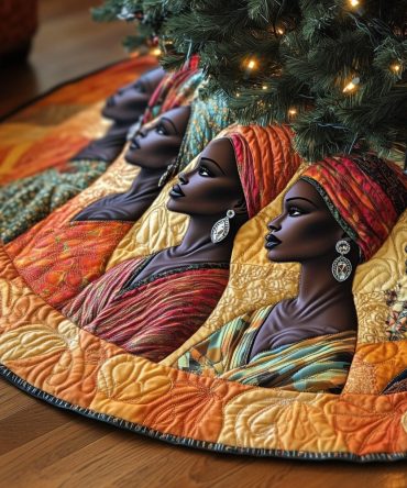 Bold Orange Christmas Tree Skirt With Stylish Women In Headwraps — Custom Handmade Holiday Skirt, Vibrant Cultural Accent