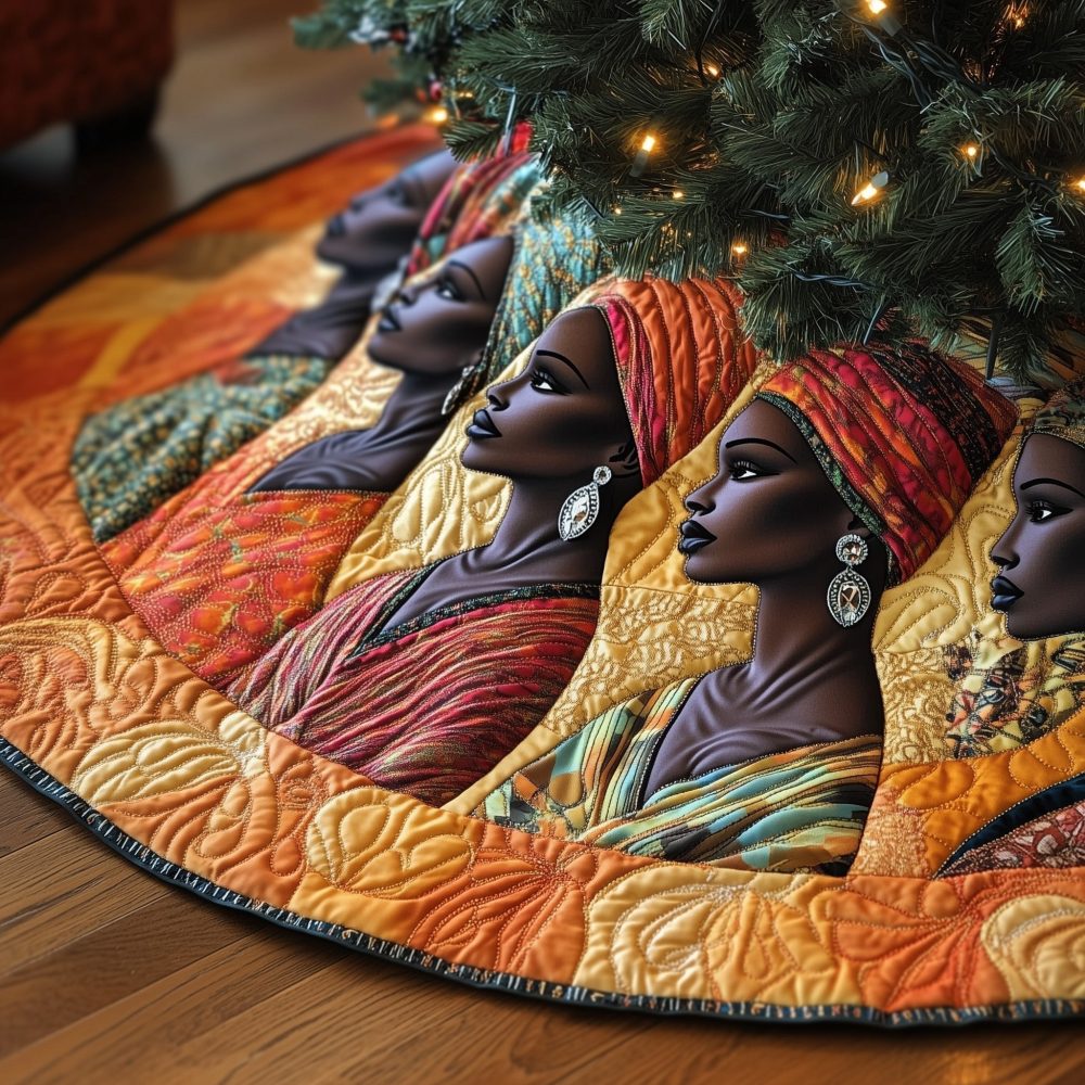 Bold Orange Christmas Tree Skirt With Stylish Women In Headwraps — Custom Handmade Holiday Skirt, Vibrant Cultural Accent