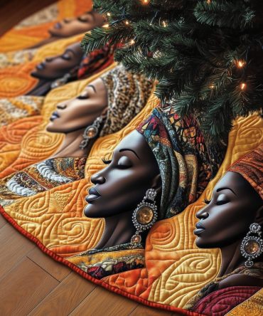 Elegant Beaded Jewelry Christmas Tree Skirt Featuring Women Profiles — Custom Holiday Tree Skirt, Luxe Embroidered Accent