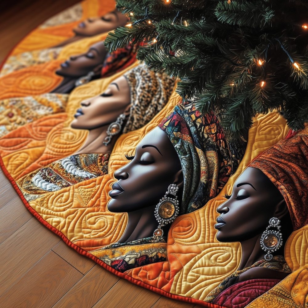 Elegant Beaded Jewelry Christmas Tree Skirt Featuring Women Profiles — Custom Holiday Tree Skirt, Luxe Embroidered Accent