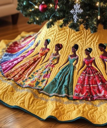 Vibrant Yellow Christmas Tree Skirt Featuring Elegant Women In Colorful Ballgowns — Custom Made, Holiday Decor Statement Piece