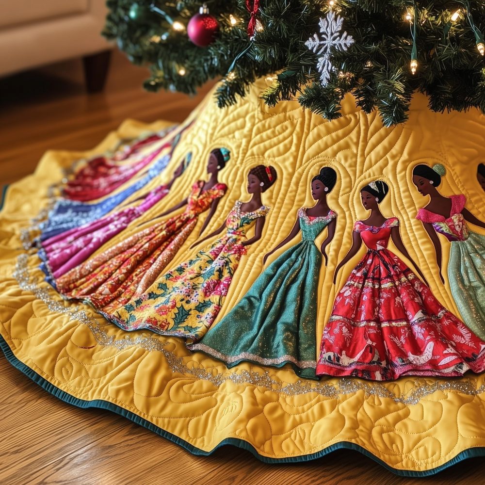 Vibrant Yellow Christmas Tree Skirt Featuring Elegant Women In Colorful Ballgowns — Custom Made, Holiday Decor Statement Piece