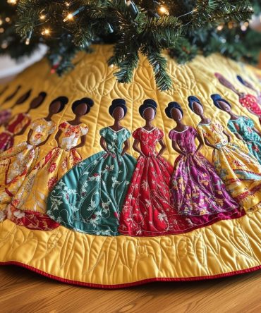 Women In Gowns On Amber Quilt Tree Skirt — Handmade Warm Quilted Christmas Mat, Custom Size, Vintage Glam Holiday Accent