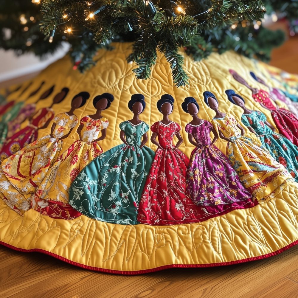 Women In Gowns On Amber Quilt Tree Skirt — Handmade Warm Quilted Christmas Mat, Custom Size, Vintage Glam Holiday Accent