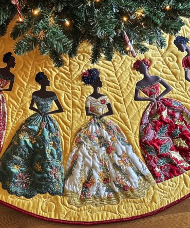 Teal & Red Ballgown Holiday Tree Skirt — Handmade Elegant Ballgown Motif Christmas Mat, Custom Sizing, Luxe Festive Décor