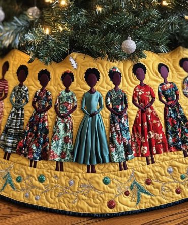 Women In Floral Dresses On Gold Tree Skirt — Handmade Elegant Floral Christmas Mat, Custom Size Options, Vintage-Inspired Holiday Décor