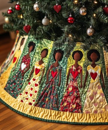 Women In Dresses With Red Hearts Tree Skirt — Handmade Romantic Christmas Mat, Customizable, Festive Heart Motif For Holiday Gifting