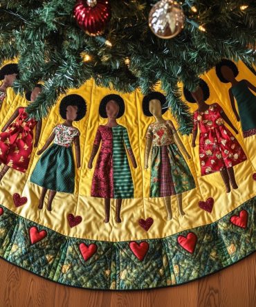 Vintage Women In Gowns Tree Skirt With Heart Border — Handmade Romantic Christmas Mat, Custom Size, Feminine Holiday Décor