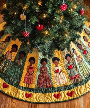 Women In Dresses On Yellow Hearts Tree Skirt — Handmade Cheerful Christmas Mat, Customizable Size, Whimsical Holiday Accent