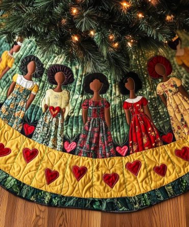 Women In Red & Green Dresses Holiday Tree Skirt — Handmade Festive Christmas Mat, Custom Sizes, Classic Holiday Fashion Motif