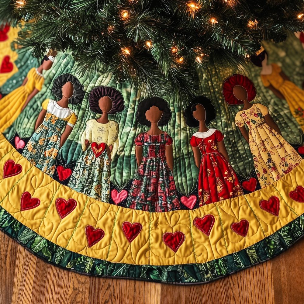 Women In Red & Green Dresses Holiday Tree Skirt — Handmade Festive Christmas Mat, Custom Sizes, Classic Holiday Fashion Motif