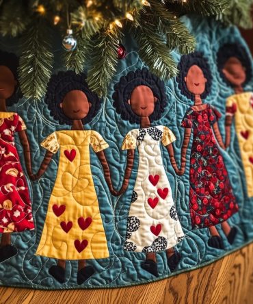 Women In Yellow Dresses On Teal Tree Skirt — Handmade Bright Retro Christmas Mat, Custom Holiday Décor, Perfect For Photo-Ready Trees