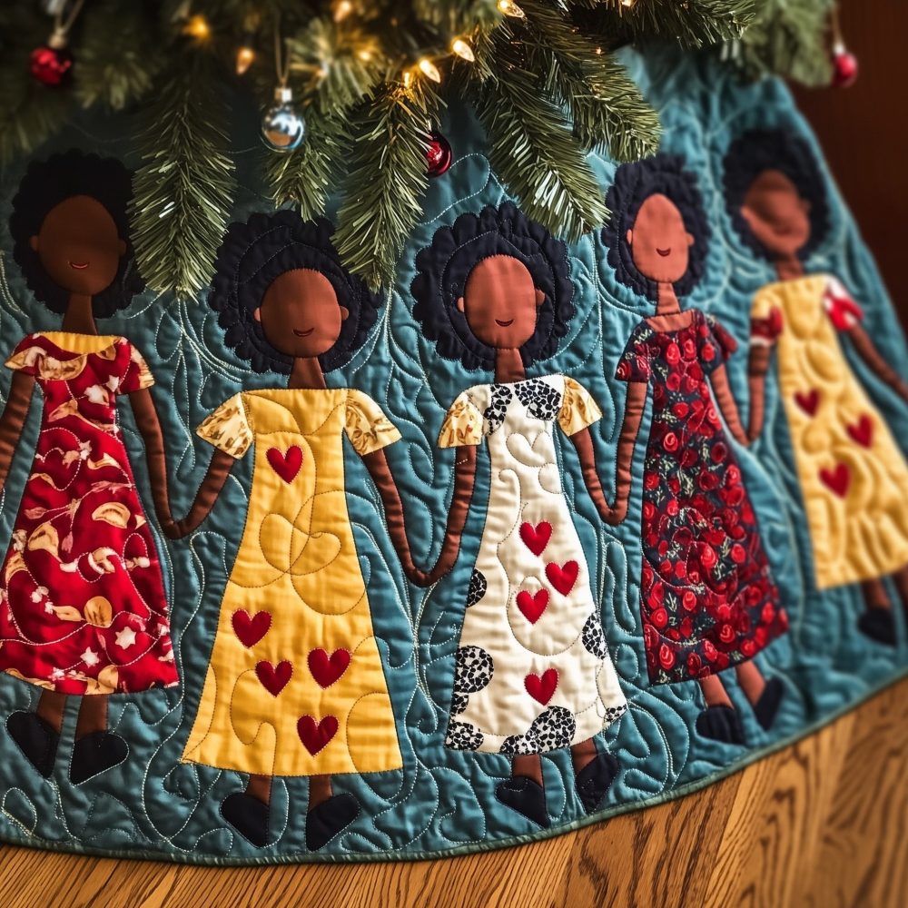 Women In Yellow Dresses On Teal Tree Skirt — Handmade Bright Retro Christmas Mat, Custom Holiday Décor, Perfect For Photo-Ready Trees