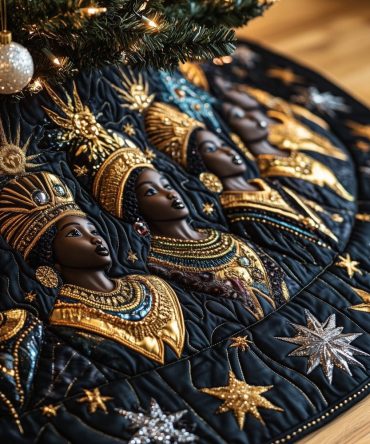 Navy Tree Skirt With Golden Crown Silhouettes — Custom Made Christmas Decor For Regal, Cultural Holiday Styling