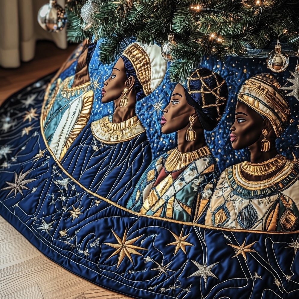 Starry Blue Tree Skirt With Gold Jewelry Motif — Custom Made Christmas Décor, Elegant African-Inspired Holiday Accent