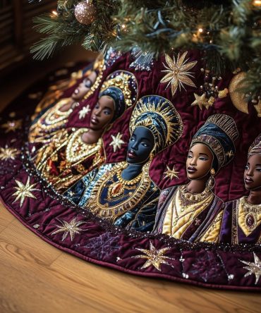 Burgundy Star Holiday Skirt With Headwrap Silhouettes — Custom Made Christmas Tree Skirt, Luxurious Ethnic-Inspired Seasonal Decor