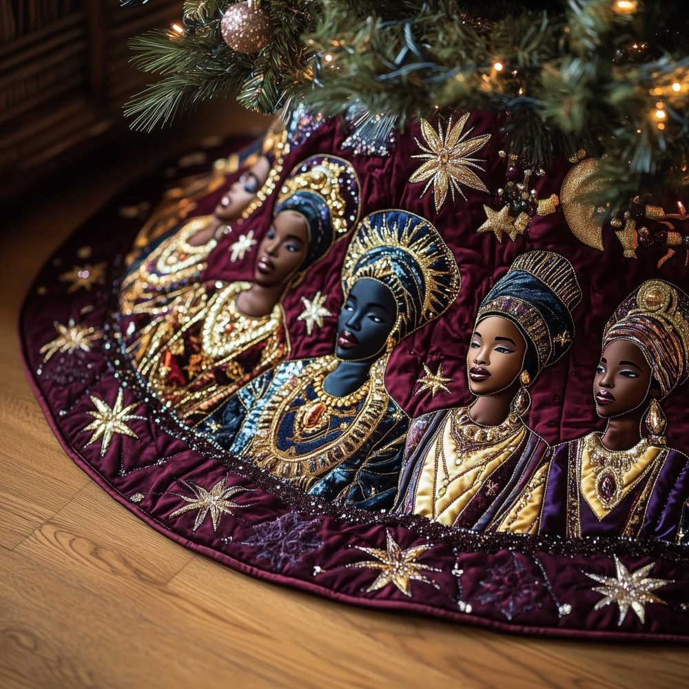 Burgundy Star Holiday Skirt With Headwrap Silhouettes — Custom Made Christmas Tree Skirt, Luxurious Ethnic-Inspired Seasonal Decor