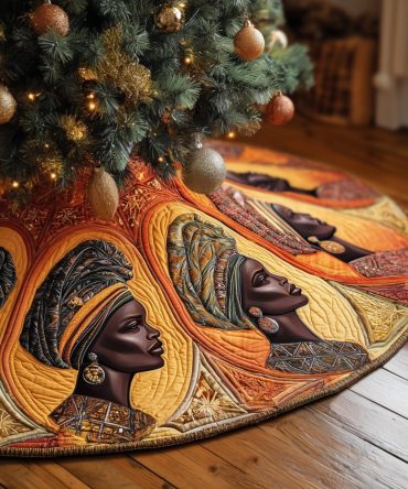 Sunset Silhouette Tree Skirt — Orange Women Profile Christmas Skirt, Made-To-Order African-Inspired Holiday Decoration