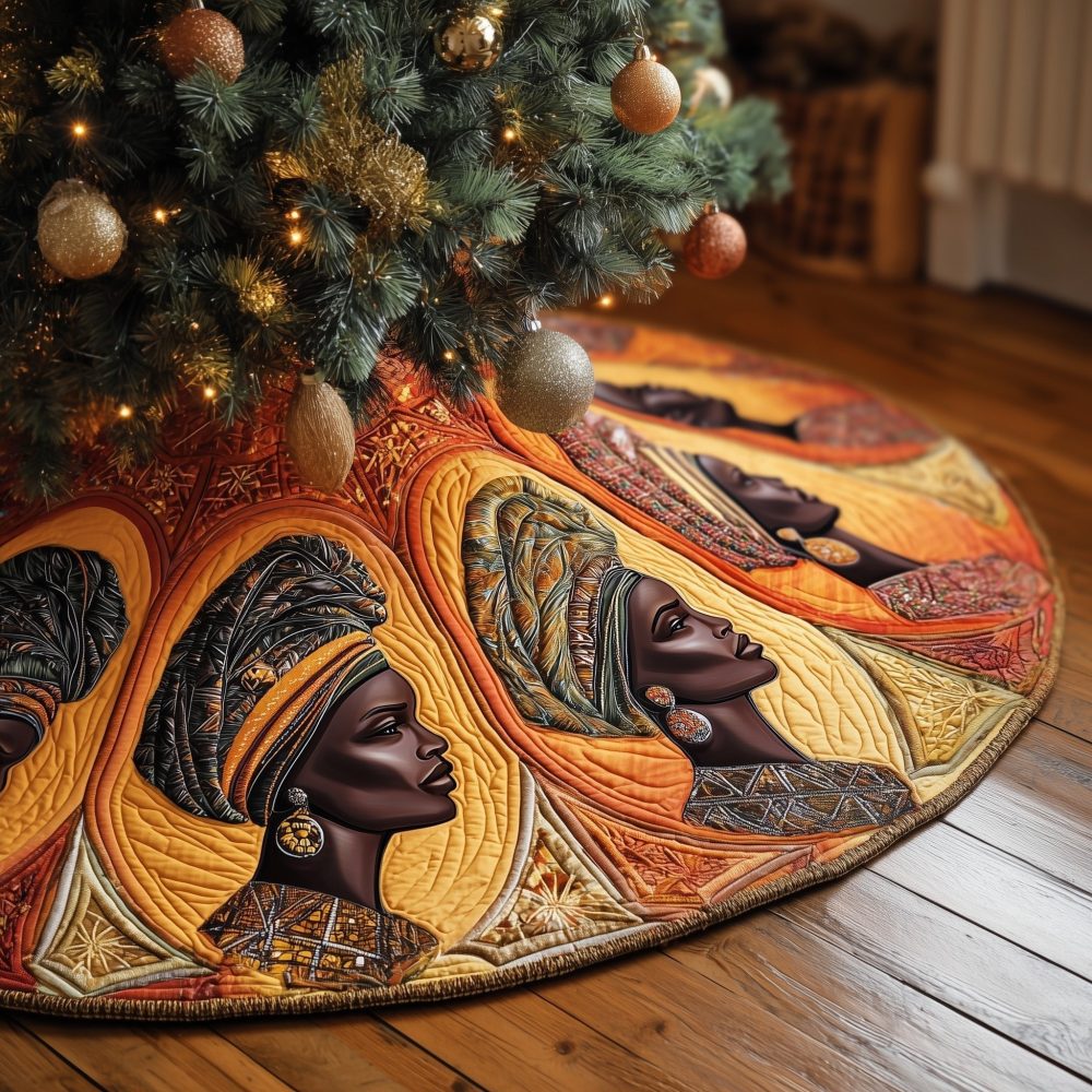 Sunset Silhouette Tree Skirt — Orange Women Profile Christmas Skirt, Made-To-Order African-Inspired Holiday Decoration