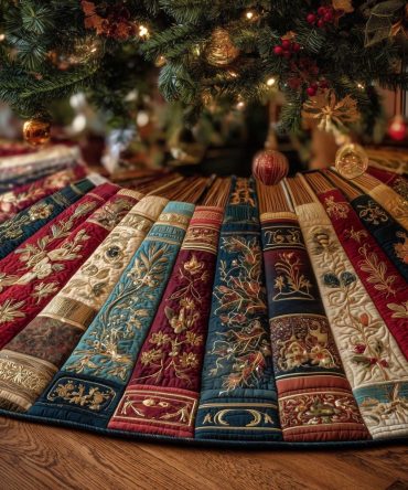 Teal & Red Damask Striped Holiday Tree Skirt — Handmade Custom Christmas Tree Mat, Luxe Damask Fabric For 4–8Ft Trees