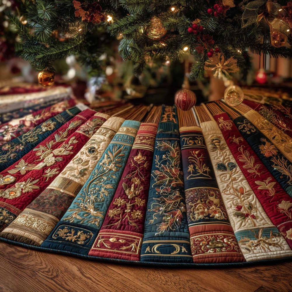 Teal & Red Damask Striped Holiday Tree Skirt — Handmade Custom Christmas Tree Mat, Luxe Damask Fabric For 4–8Ft Trees
