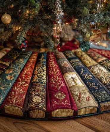 Red & Gold Brocade Stripe Luxury Tree Skirt — Handmade Custom Christmas Mat, Elegant Brocade Holiday Decor For Medium & Large Trees